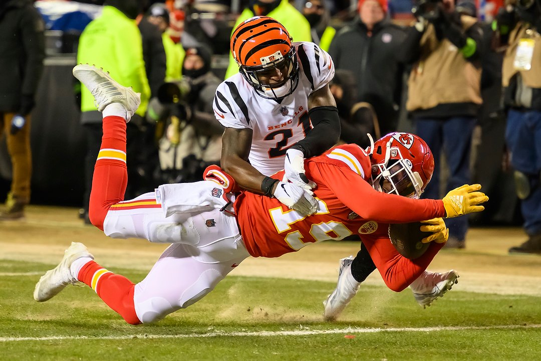 Kansas City Chiefs linebacker Nick Bolton (32) talks to Kansas City Chiefs  defensive coordinator Steve Spagnuolo during the first half of the NFL AFC  Championship playoff football game, Sunday, Jan. 29, 2023