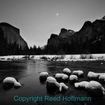 First evening, long exposure on tripod with the Merced River in the foreground, using a graduated neutral density filter to darken the sky, moon coming up. Nikon D800, ISO 200, 1/2.5, f/8, -1.0 EV, 16mm. Photo copyright Reed Hoffmann.