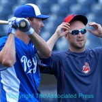Kansas City's Jeff Francouer, left, visits with Cleveland's Ryan Raburn before the game. Photo by Reed Hoffmann, Copyright The Associated Press.