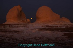 There was just enough light left to show these rock formations in the White Desert of Egypt, though I had to raise the ISO. Nikon D700, Aperture Priority, ISO 800, 1/125 at f/4, EV -1.7, 24-70mm lens at 38mm. Photo copyright Reed Hoffmann.