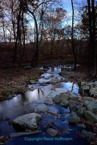 Waving my hand in front of the upper part of the lens blocked enough light from the sky to balance out its exposure with that of the creek below. Nikon D610, Manual exposure mode, ISO 50, one-second at f/22, Nikon 24-120mm f/4 lens at 24mm. Photo copyright Reed Hoffmann.