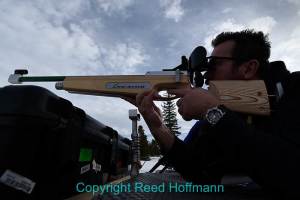 Again using a wide-angle, I got in close to this VI participant (visually impaired) who was trying his hand at the shooting portion of biathlon. Nikon D750, Aperture Priority, ISO 100, 1/500 at f/8, EV -1.3, 20mm lens. Photo copyright Reed Hoffmann.