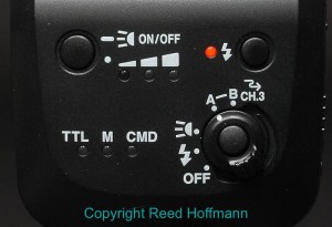 On the back of the SB-500 is a simple control panel that lets you used it as either a Remote or Commander strobe on certain cameras, and also turn on and vary the video light's power. Photo copyright Reed Hoffmann.