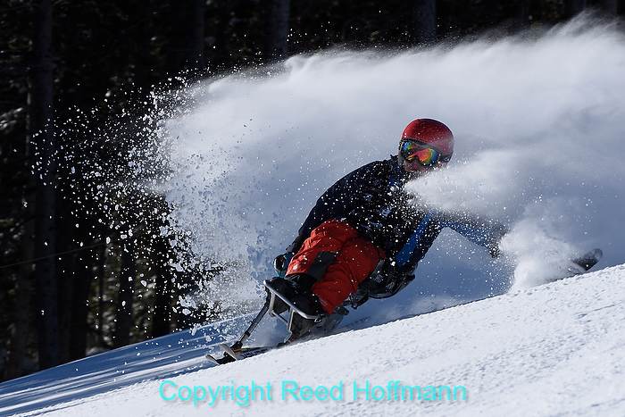 For action shots, AF-C is the way to go. The camera and lens did an excellent job keeping this skier in focus. Nikon D7200, Aperture Priority, ISO 200, 1/800 at f/8, EV -0.7, Nikkor 70-300 mm f/4.5-5.6 lens at 220mm. Photo copyright Reed Hoffmann.