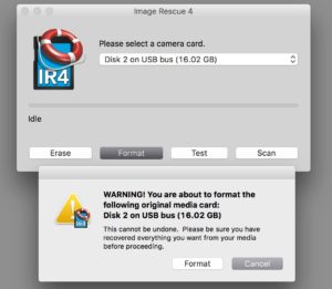 Lexar's Image Rescue is one of the applications that will do a complete format of a card. If I click "Format" in the dialog box, all data will be overwritten, making it impossible to recover images previously stored on that card.